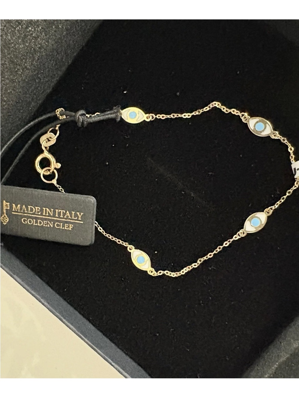 14K Yellow Gold Golden Clef Blue White Evil Eye Enamel Dainty Chain 585 Bracelet - Picture 2 of 7